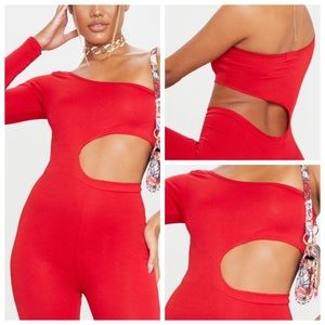 Pretty Little Thing Red Long Sleeve Cut Out Jumpsuit